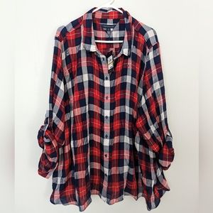 Tommy Hilfiger Plus Size Women's Plaid Roll-Tab Button-Down Shirt